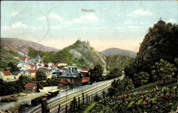 Postcard Altenahr in the Ahr valley, Altenahr with castle ruins Are and black cross.
