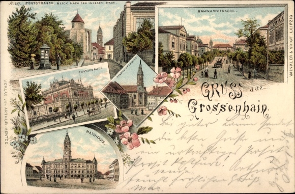 Litho Großenhain in Sachsen, Poststraße, Rathaus, Postgebäude, Bahnhofstraße, Stadthauptkirche
