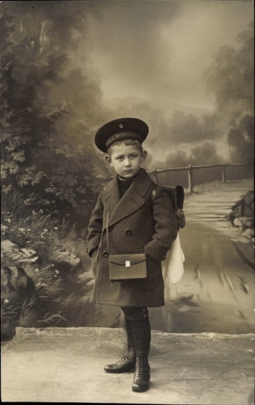 Photo Postcard Gliwice Gleiwitz Upper Silesia, boy with school bag, sailor hat, 1st day of school 1915