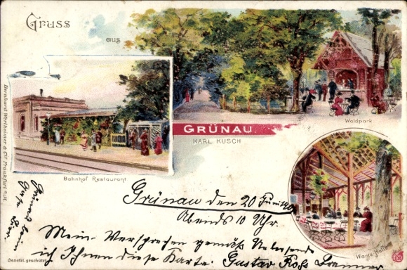 Litho Berlin Köpenick Grünau, Bahnhof Restaurant, Gleisseite, Waldpark, Wartehalle