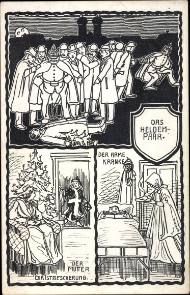 Artist Postcard Congratulations Christmas, the heroic couple, the poor sick, Mother Christmas presents