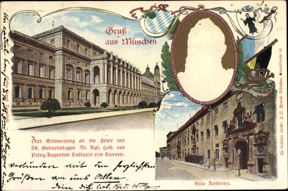 Postwaardestukken passe-partout met reliëf Postkaart München Beieren, PP 15 D1 03, Residenz, Luitpold