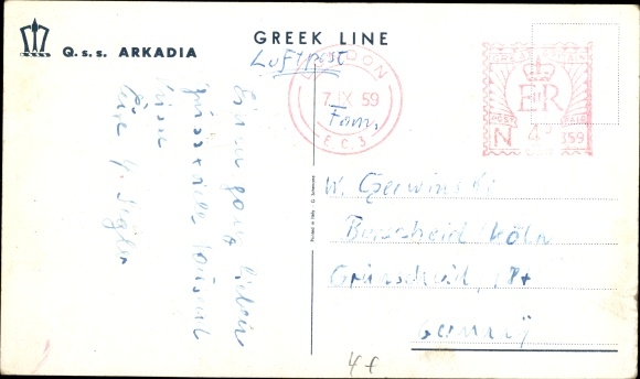 Artist Postcard steamship QSS Arkadia, Greek Line, port side view