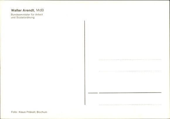 Postcard Politician Walter Arendt, Federal Minister for Labor and Social Affairs, Portrait, Autograph