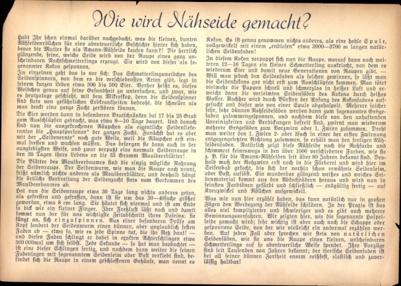Rozkład jazdy reklama Olmann szyje jedwab, jak robi się szycie jedwabiu, szyje dziecko około 1930 roku