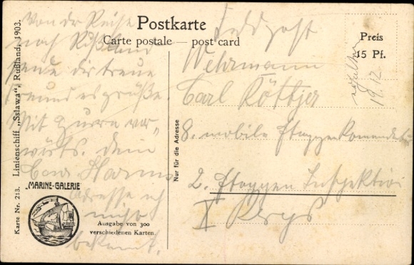 Artist Postcard Rave, Chr., Marine Gallery 213, Russian warship, Sslawa, ship of the line, 1903