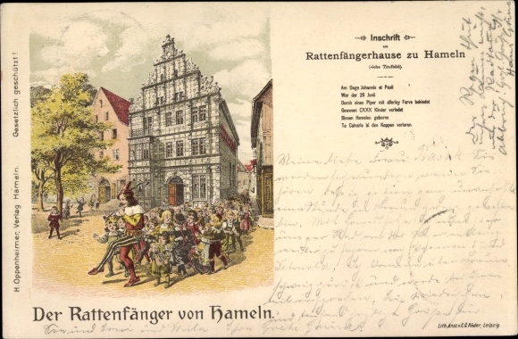 litho Hamelen aan de Weser Nedersaksen, rattenvanger, huis van rattenvanger