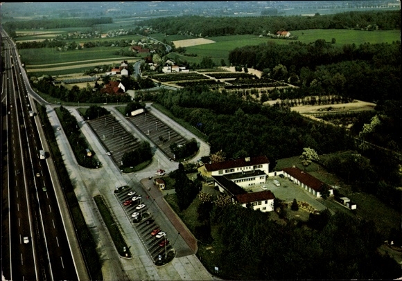 Postcard Rhynern Hamm in Westphalia, motorway rest stop and hotel, Rhynern south side, aerial photograph