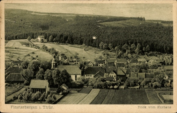 Postcard Finsterbergen Friedrichroda in the Thuringian Forest, landscape view, church tower, forests