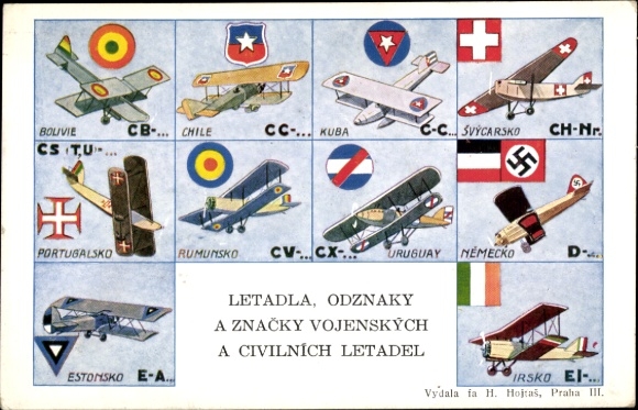 Postcard military aircraft, aircraft insignia, Portugal, Chile, Cuba, Estonia