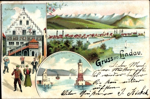 Litho Lindau am Bodensee Schwaben, Rathaus, Hafeneinfahrt, Panorama mit Umgebung