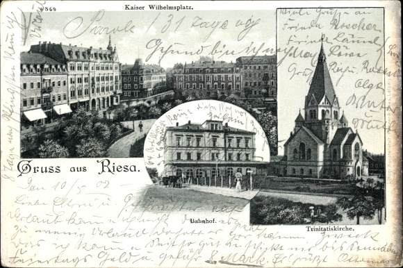 Ak Riesa an der Elbe Sachsen, Trinitatiskirche, Kaiser Wilhelmplatz, Bahnhof