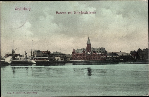 Postcard Trelleborg Schweden, the harbor and the railway station