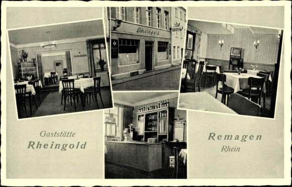 Ak Remagen am Rhein, Gaststätte Rheingold, Speisesaal, Fernseher, Außenansicht