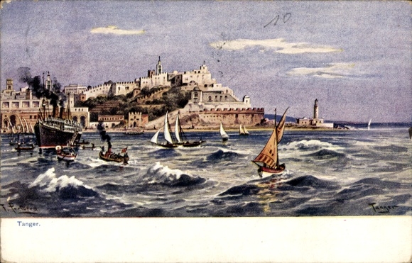 Artysta KP Perlberg, F., Tanger Maroko, scena portowa, parowiec, żaglówki