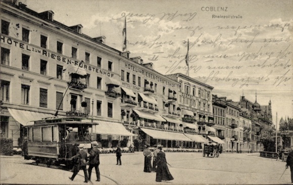 Koblenz am Rhein, Rheinzollstraße, Hotel Riesen-Fürstenhof, tram