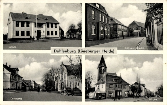 Ak Dahlenburg op de Lüneburger Heide, school, Heitmanny Hotel, lokale sectie, kerk