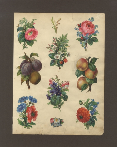 10 Oblaten Blumen und Früchte, ca. 9 x 6 cm bis 2,5 x 3,5 cm