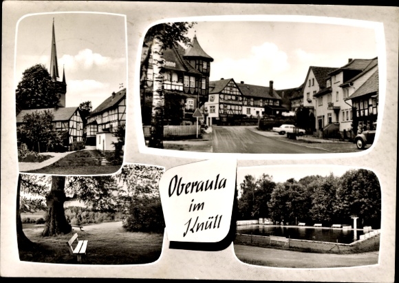 Postcard Oberaula in Hessen, Knüll, partial views, swimming pool, half-timbered houses