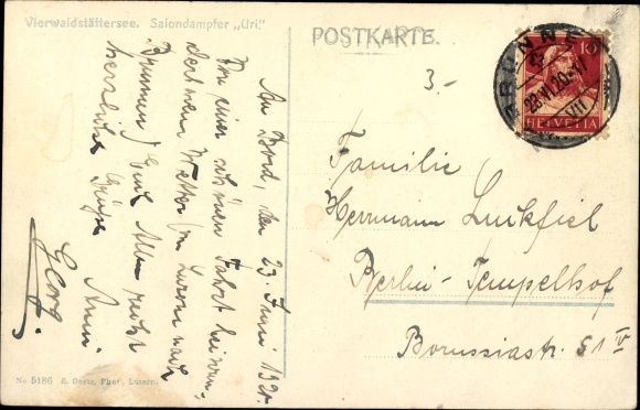 Postcard saloon steamer Uri on Lake Lucerne