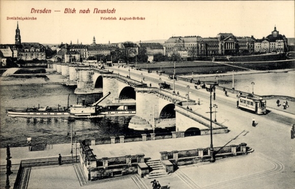 Postcard Dresden Neustadt, Dreikönigskirche, Friedrich August Bridge, Elbe steamer with tilting chimney