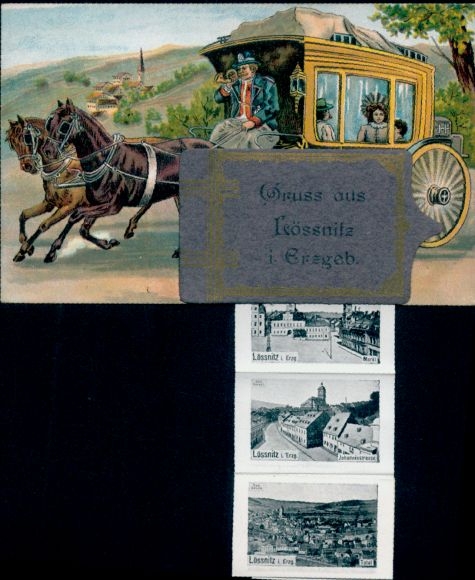 Leporello Postcard Lößnitz Lössnitz in the Ore Mountains, carriage ride, market, street view, long shot