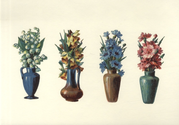 4 wafer flower vases with lily of the valley, cornflowers, carnations, each approx. 12 x 5 cm
