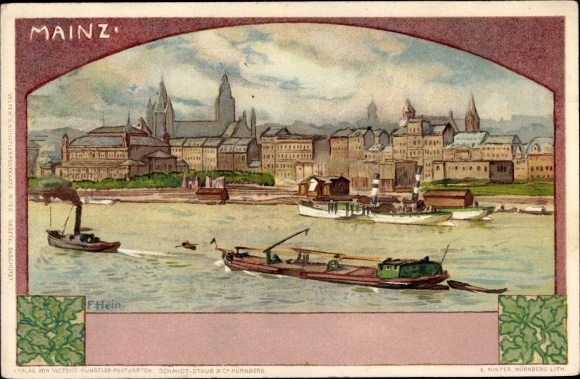 Kunstenaar litho Hein, F., Mainz in Rijnland-Palts, uitzicht op de stad