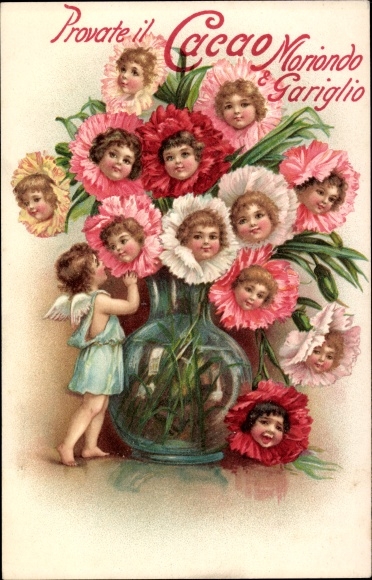 Chromo-Litho advertising, Cacao Moriondo & Gariglio, children's portraits in carnations