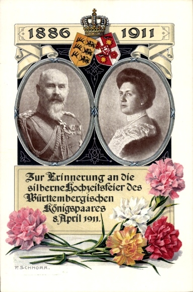 Artist Postcard Schnorr, King Wilhelm II of Württemberg, Queen Charlotte, Silver Wedding 1911, Coat of Arms