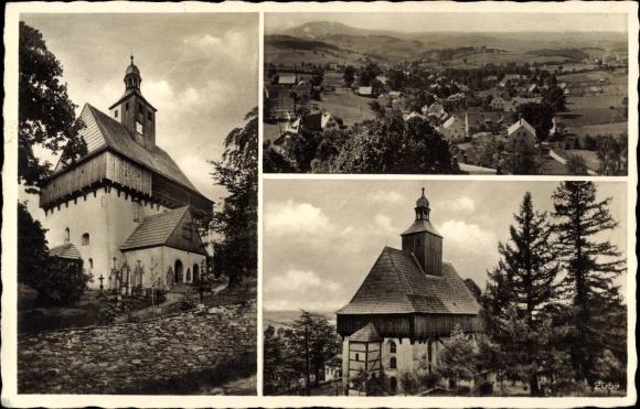 Ak Großrückerswalde in het Ertsgebergte, gedeeltelijk uitzicht, kerk