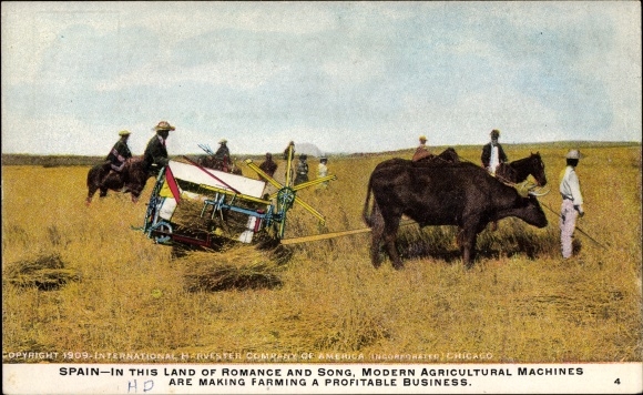 Ansichtkaart Spanje, advertentie, International Harvester Company of America, oogstmachine