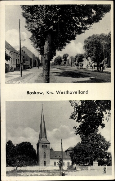 Postcard Roskow in der Mark, Dorfstrasse, church, war memorial