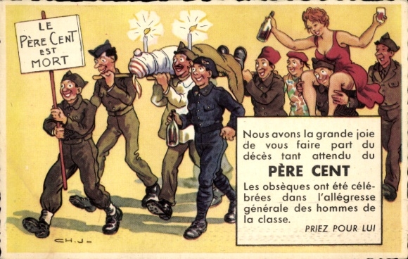 Künstler Ak Feiernde Soldaten, Frau mit Bierflasche, Pere Cent, Tradition