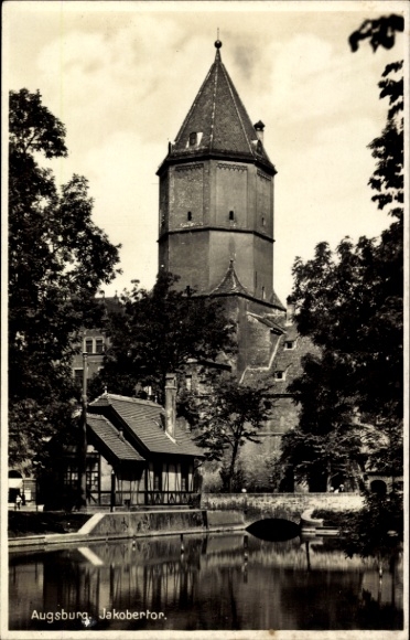 Postcard Augsburg in Swabia, Jakobertor, water, trees, photography