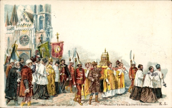 Postal stationery artist Postcard Budapest, Hungary, procession for the feast of Saint Stephen