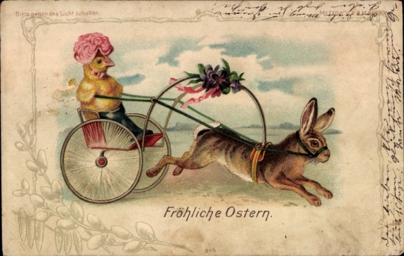 Litho Glückwunsch Ostern, Hase zieht Kutsche mit einem Küken