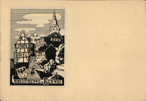 Künstler Ak Kettwig Essen im Ruhrgebiet, Kirchtreppe, Wappen, Fachwerkhaus