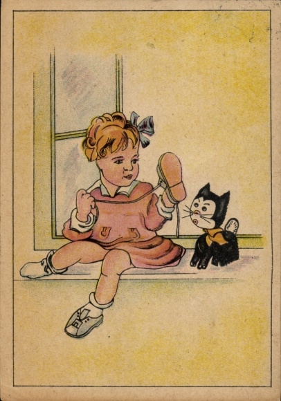 Artist Postcard girl with shoe, black cat, window
