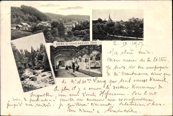 KP Schönbrunn Kt. Zug, Bains de Schoenbrunn, łaźnie, kręgielnia, jezioro Zug, rzeka
