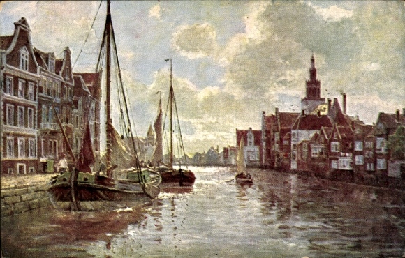 Ak Emden in Ostfriesland, Malerei eines Hafens, Segelboote, klassische Architektur, ruhige Wasser