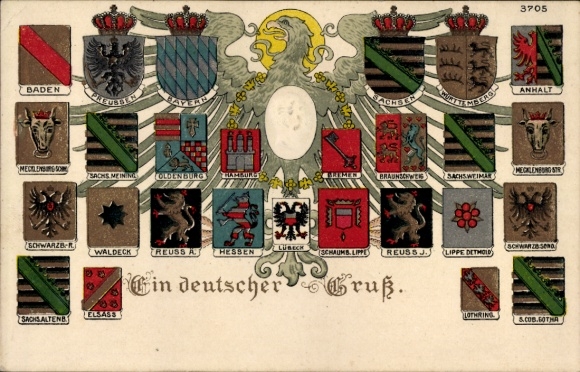 Embossed Coat of Arms Chromo-Litho A German Greeting, Kaiser Wilhelm II., Anhalt, Saxony, Hamburg, Bavaria