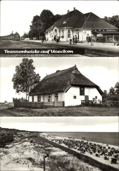 Postcard Trassenheide on Usedom, thatched cottage, beach, train station