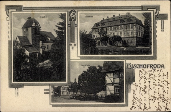 Ak Bischofroda in Thüringen, Kirche, Schloss, Dorflinde
