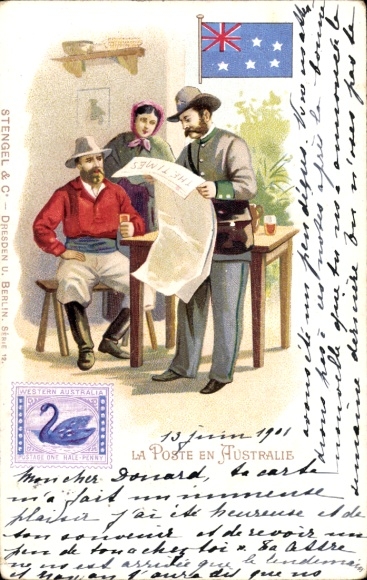 Postage stamps litho Australian, post office, postman reading from the newspaper