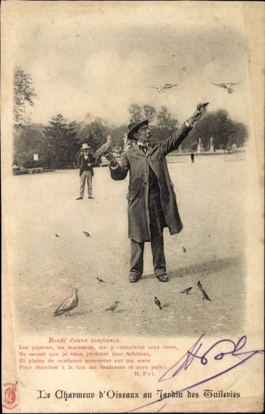 Postcard Paris, Tuileries Garden, The Bird Charmer