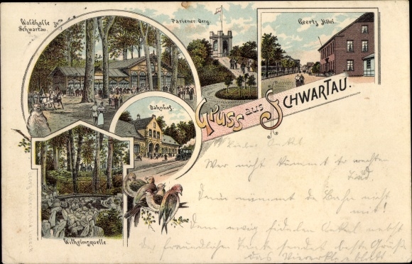 litho Bad Schwartau in Holstein, Waldhalle, Geerts Hotel, Wilhelmsquelle, treinstation, Pariner Berg