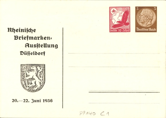 Postal stationery Postcard Peters, P., Düsseldorf am Rhein, stamp exhibition 1936, airmail, HE 36