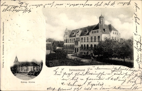 Postcard Delmenhorst in Oldenburg, secondary school, Protestant church