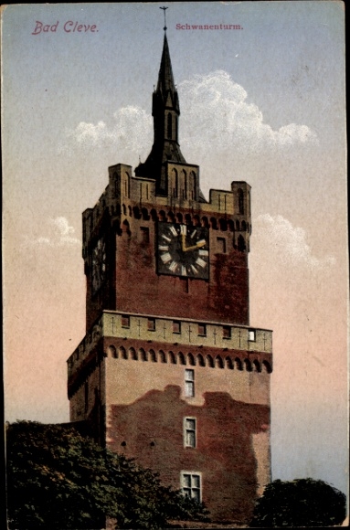 Ak Bad Cleve Kleve am Niederrhein, Schwanenturm, Uhr, Wolken,  